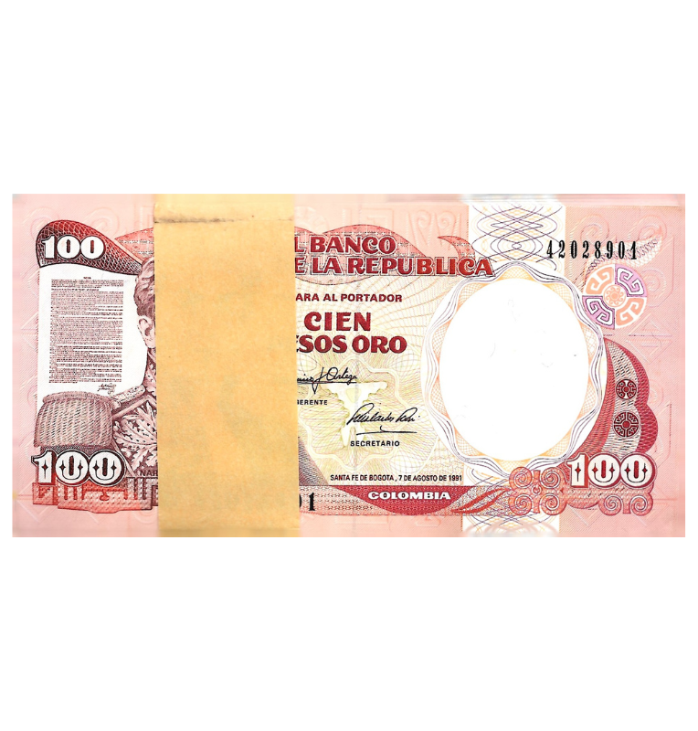 Fajo Colombia 100 Pesos Oro 1991. Tiene manchas
