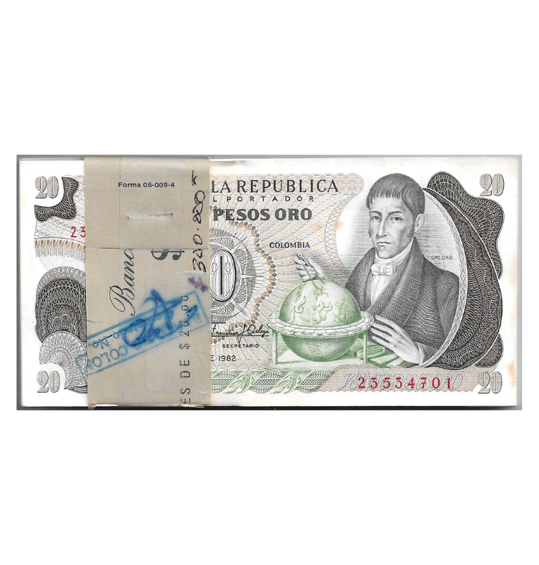 Fajo 99 billetes de Colombia 20 Pesos Oro 1982. Tiene manchas