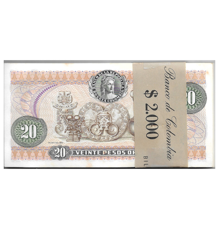 Fajo 99 billetes de Colombia 20 Pesos Oro 1982. Tiene manchas