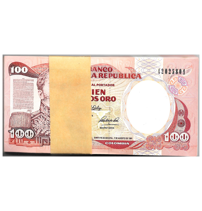 Fajo 99 billetes de Colombia 100 Pesos Oro 1991. Tiene manchas