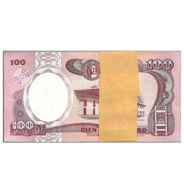 Fajo 99 billetes de Colombia 100 Pesos Oro 1991. Tiene manchas