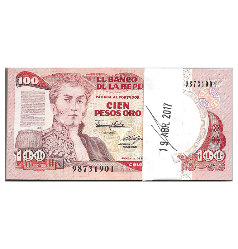 Fajo 99 billetes de Colombia 100 Pesos Oro 1987. Tiene manchas