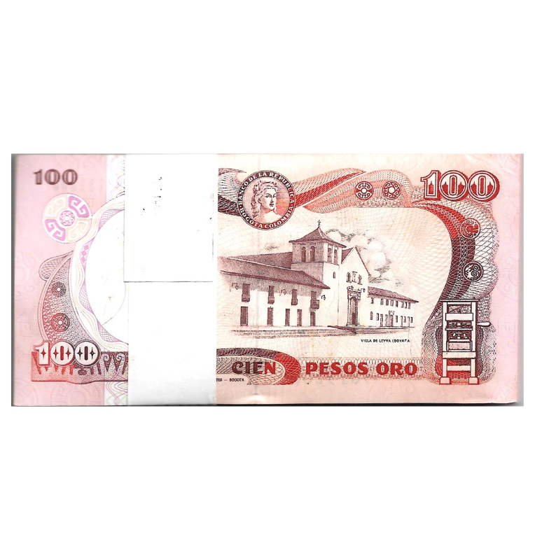 Fajo 99 billetes de Colombia 100 Pesos Oro 1987. Tiene manchas