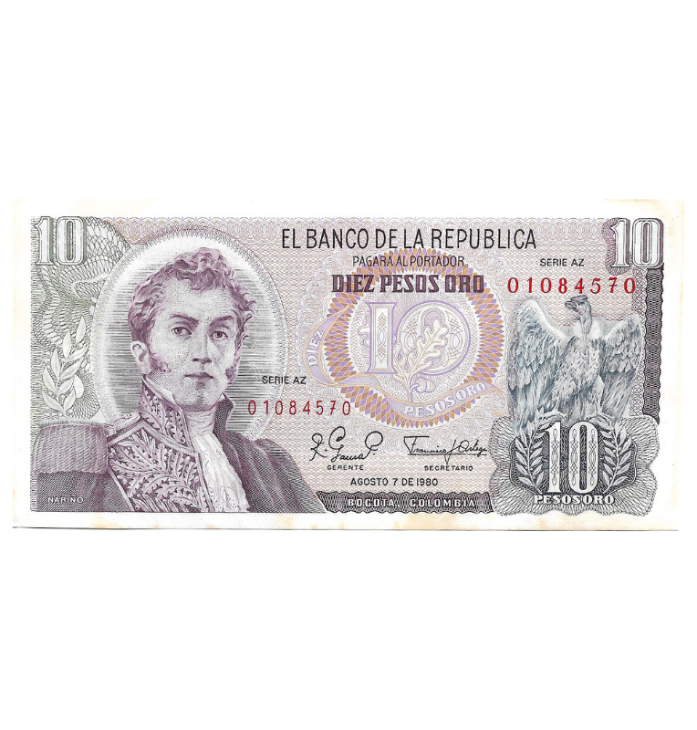 Colombia 10 Pesos Oro 1980 Serie AZ NO UNC