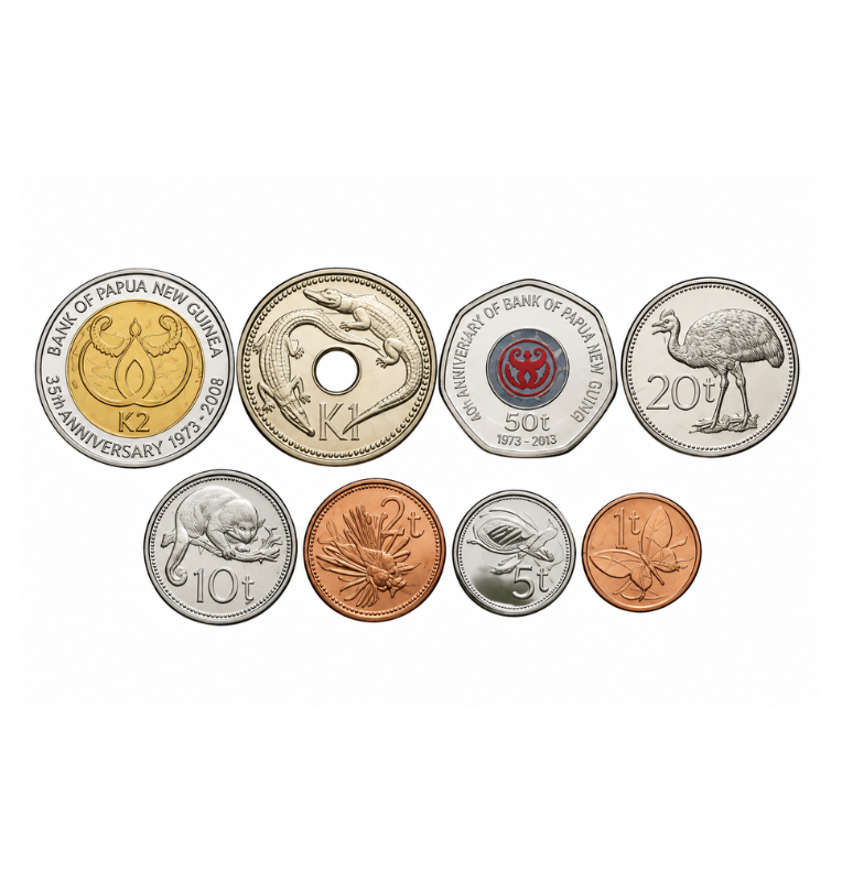 Set de Papúa Nueva Guinea 8 monedas  1, 2, 5, 10, 20, 50 Toea 1, 2 Kina 2004-2008