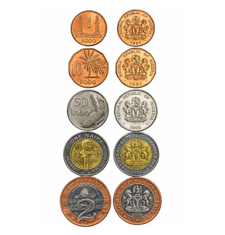 Nigeria set de 5 monedas 1,10,50 Kobo, 1,2 Naira NO UNC