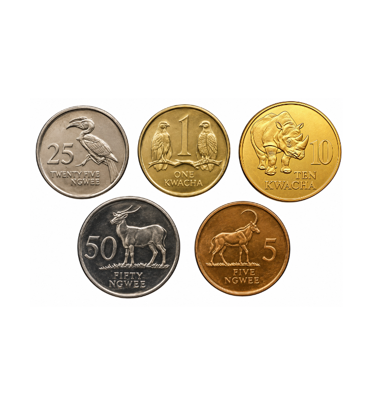 Set de Zambia 5 monedas 25,50 Ngwee 1,5,10 Kwacha 1992