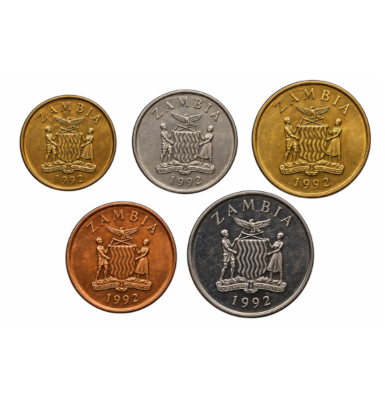 Set de Zambia 5 monedas 25,50 Ngwee 1,5,10 Kwacha 1992