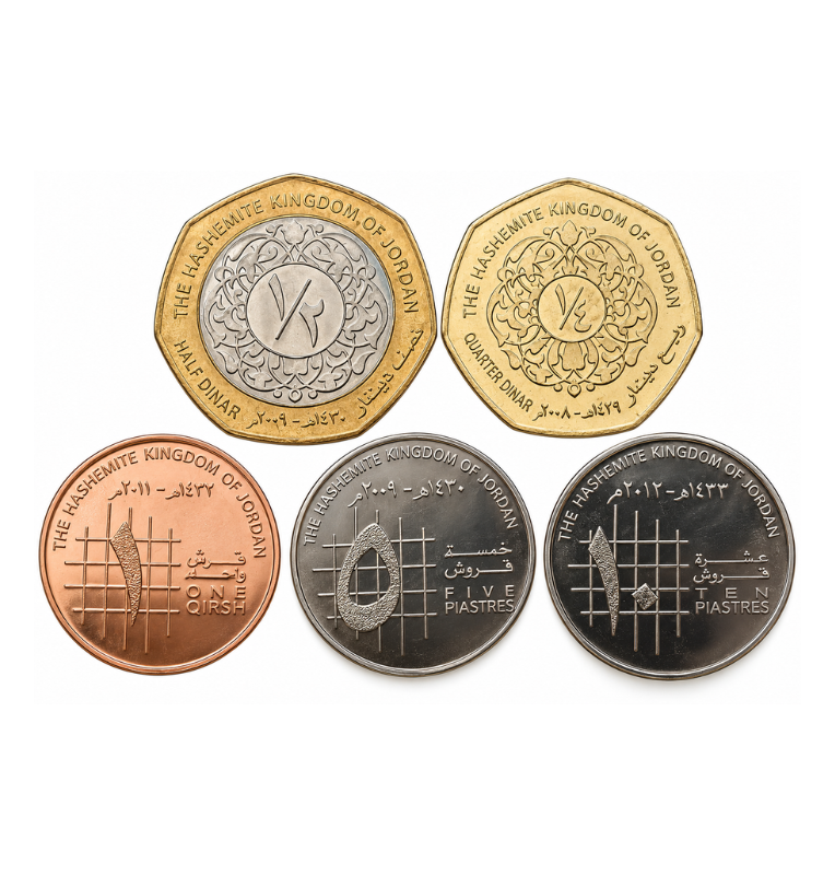 Jordan set 5 coins 1,5,10 Piastres 1/4,1/2 Dinar 2000-2012