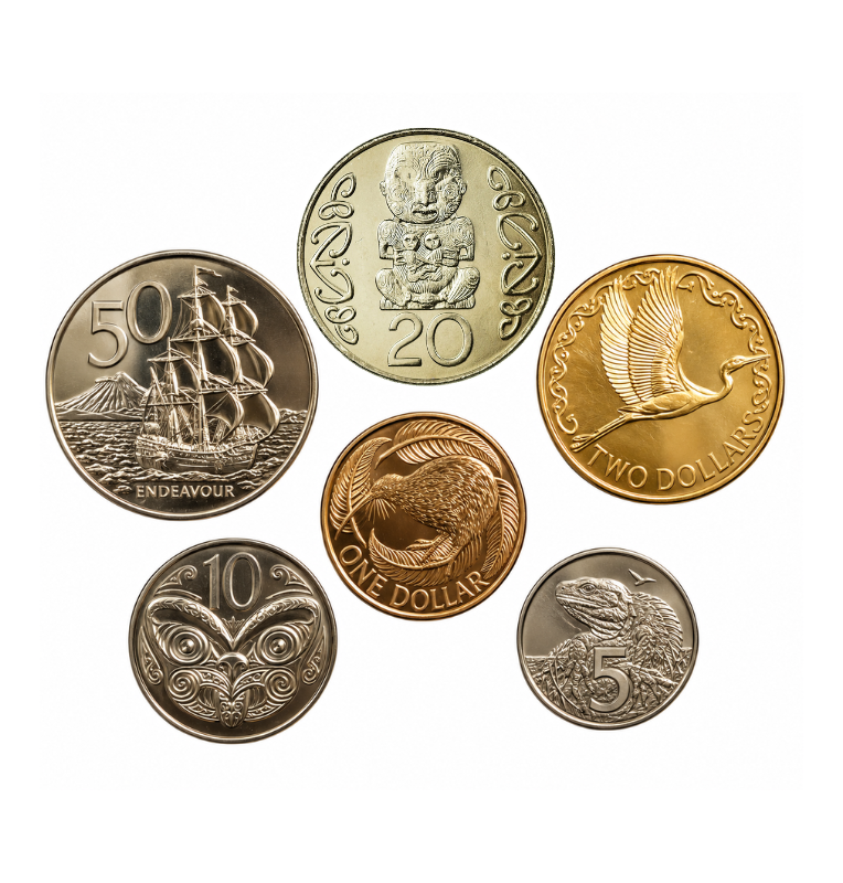 New Zealand set of 6 coins: 5, 10, 20, 50 cents, 1, 2, and 3 dollars, 1999-2010