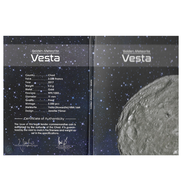 Chad 3.000 Francos 2017 – Golden Meteorite “Vesta” – Oro .999, 0,5 g