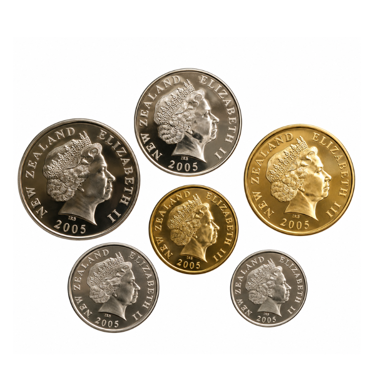 New Zealand set of 6 coins: 5, 10, 20, 50 cents, 1, 2, and 3 dollars, 1999-2010