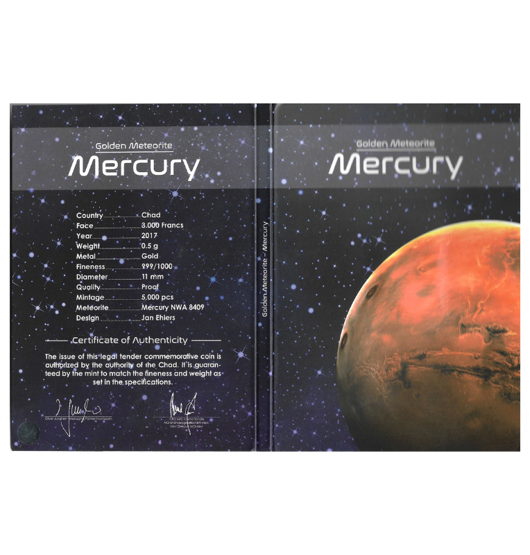 Chad 3.000 Francos 2017 – Golden Meteorite “Mercury” – Oro .999, 0,5 g