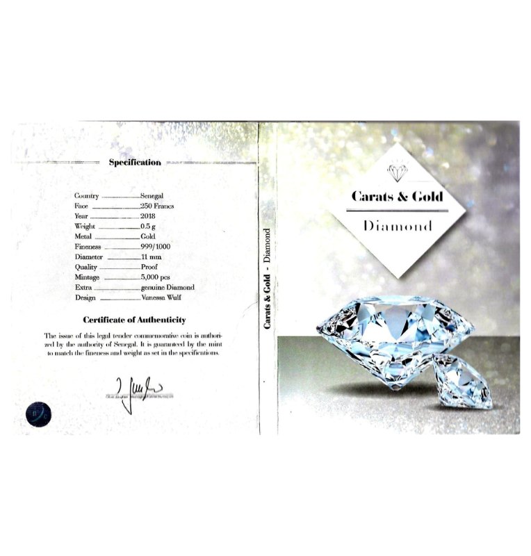 Senegal 250 Francos 2018 – Carats & Gold Diamond – Oro 999 con Diamante Genuino