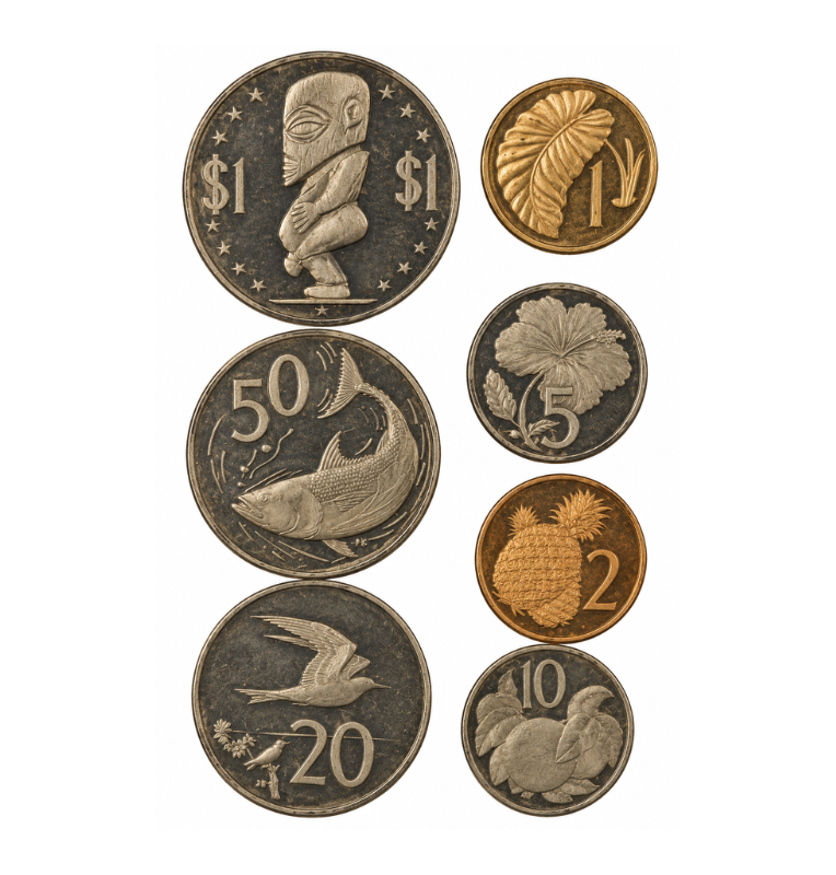 Set of 7 Cook Islands coins: 1, 2, 5, 10, 20 and 50 cents and 1 dollar, years 1973-1975 (not UNC)