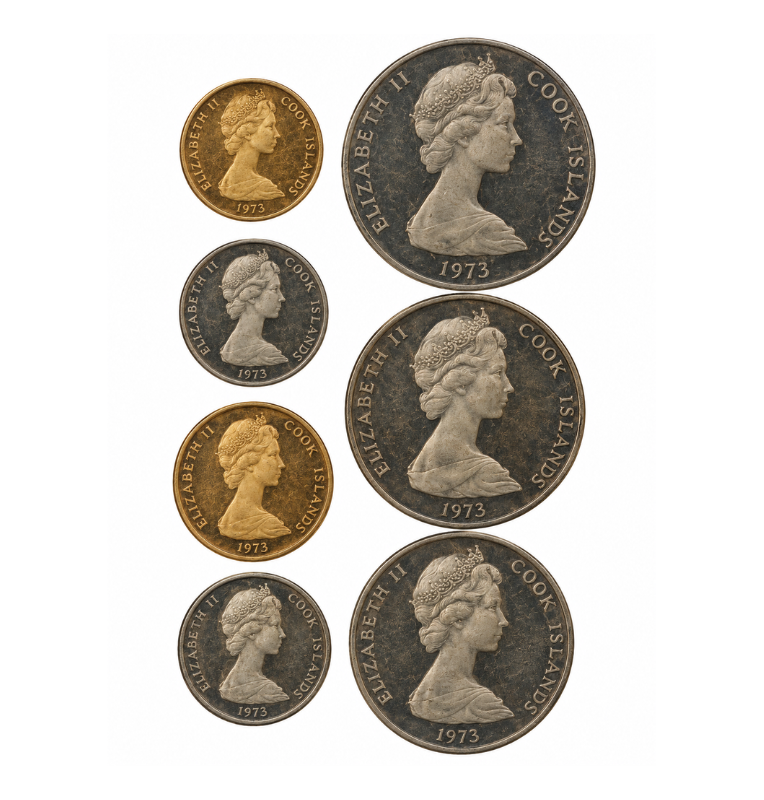 Set of 7 Cook Islands coins: 1, 2, 5, 10, 20 and 50 cents and 1 dollar, years 1973-1975 (not UNC)