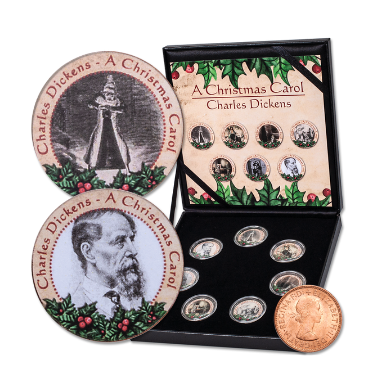 Colección de monedas de medio penique de Gran Bretaña coloreadas de "Un cuento de Navidad"