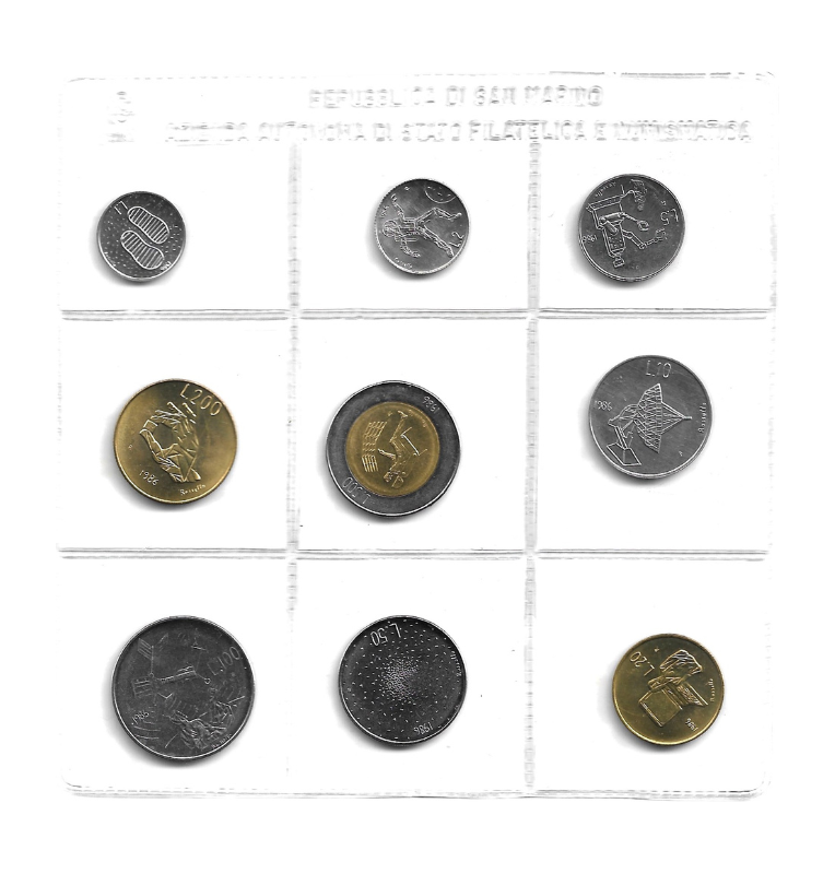 San Marino 1,2,5,10,20,50,100,200,500 Lire 1986