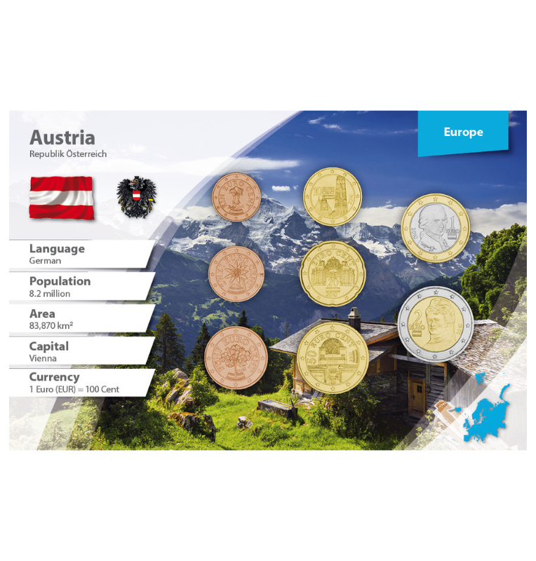 Austria 1, 2, 5, 10, 20, 50 Centavos, 1, 2 Euros 2002-2019 KM 3082, 3083, 3084, 3085, 3086, 3087, 3088, 3089