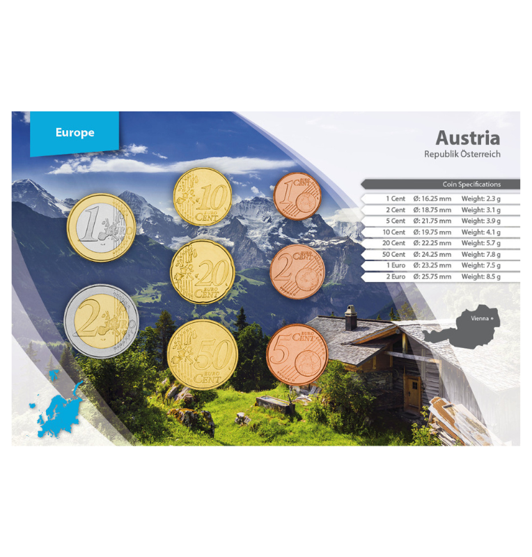 Austria 1, 2, 5, 10, 20, 50 Centavos, 1, 2 Euros 2002-2019 KM 3082, 3083, 3084, 3085, 3086, 3087, 3088, 3089
