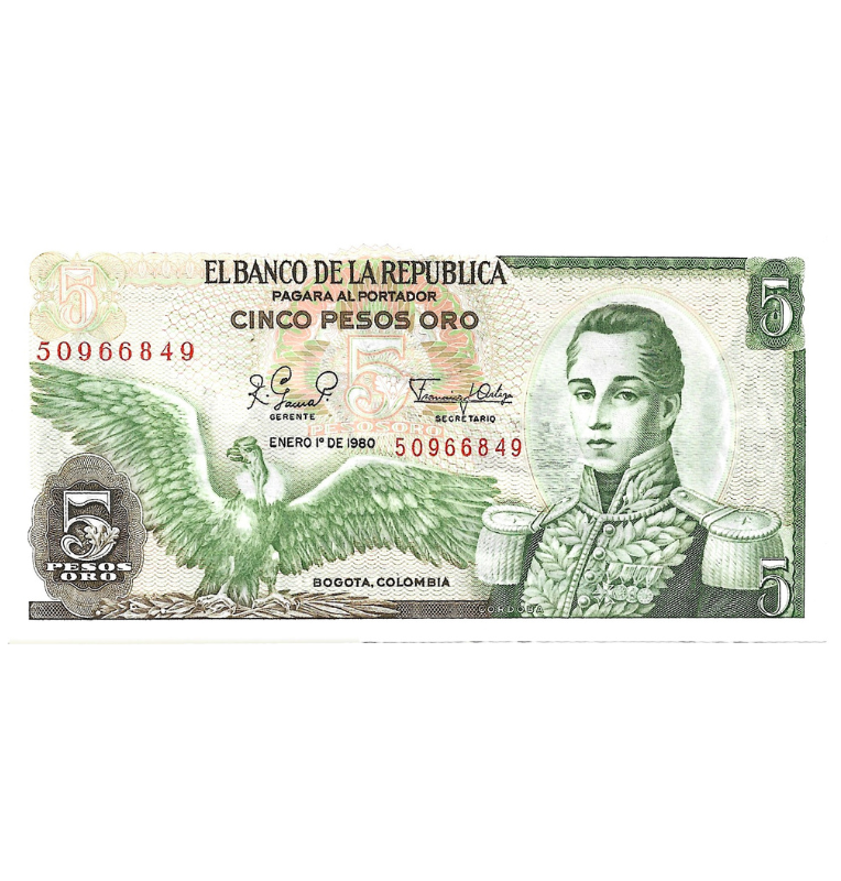 Colombia 5 Pesos Oro 1980 NO UNC
