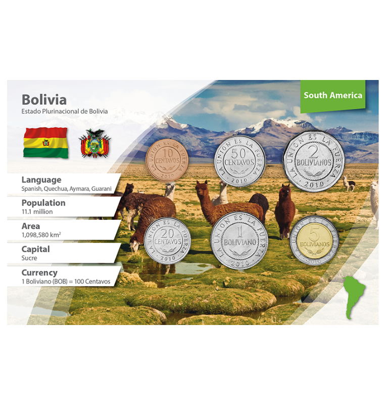 Bolivia 10, 20, 50 Centavos, 1, 2, 5 Bolivianos 2010-2012 KM 214, 215, 216, 217, 218, 219