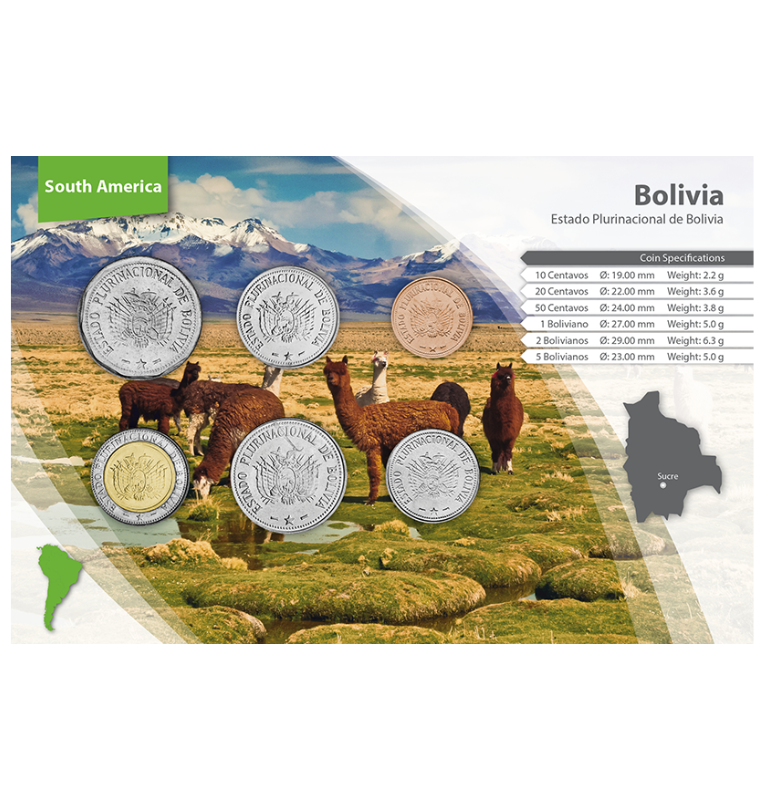 Bolivia 10, 20, 50 Centavos, 1, 2, 5 Bolivianos 2010-2012 KM 214, 215, 216, 217, 218, 219