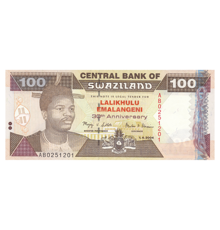 Suazilandia 100 Emalangeni Emisión conmemorativa 30 aniversario de la moneda Lilangeni (1974-2004)