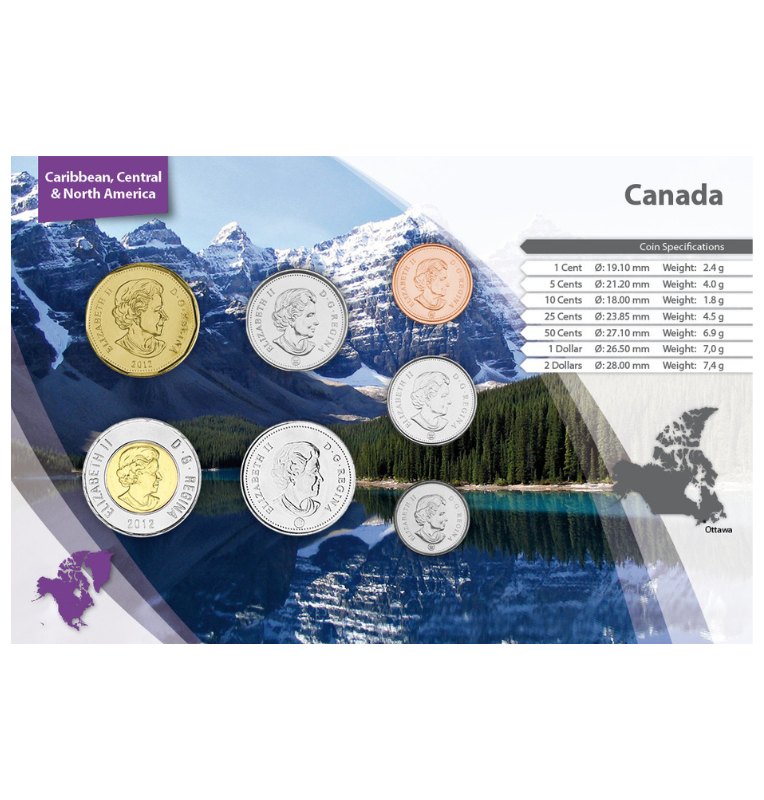 Canadá 1, 5, 10, 25, 50 Céntimos, 1, 2 Dólares 2003-2018 KM 490, 491, 492, 493, 494, 1255, 1257