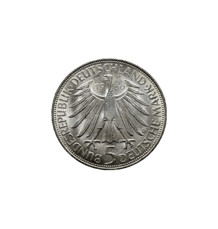 Alemania  5 Marcos Año 1966 KM 119 250º Aniversario - Muerte de Gottfried Wilhelm Leibniz