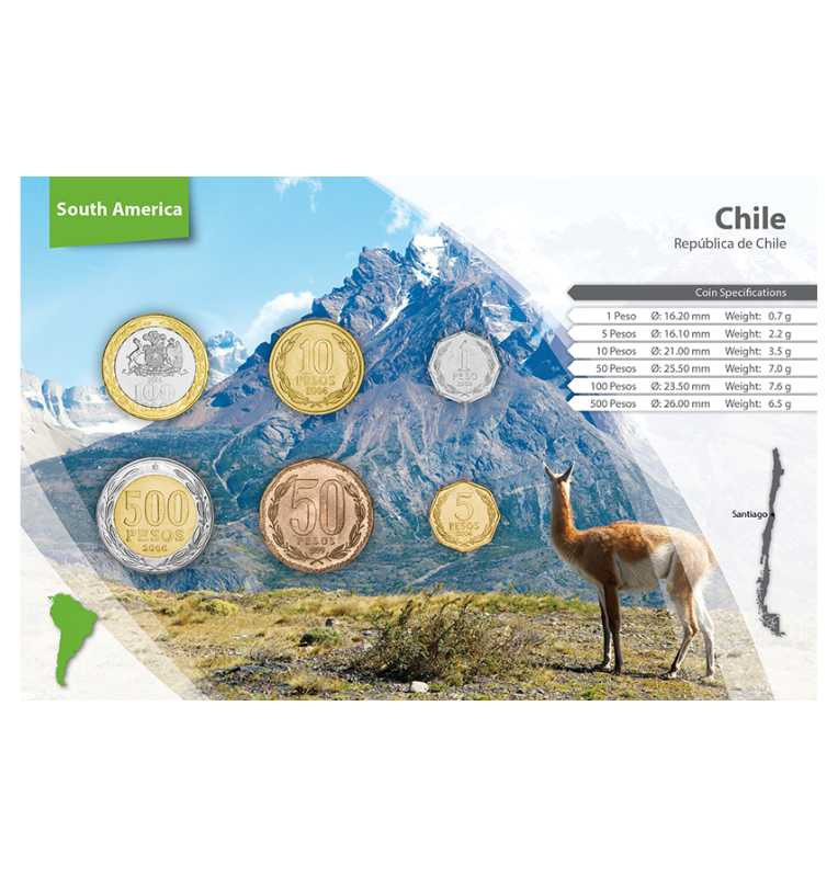 Chile 1, 5, 10, 50, 100, 500 Pesos 1988-2012 KM 231, 232, 228.2, 219.2, 236, 235