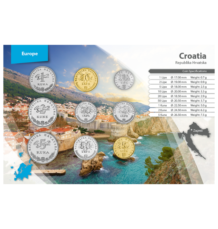 Croacia 1, 2, 5, 10, 20, 50 Lipa, 1, 2, 5 Kuna 1993-2013 KM 3, 4, 5, 6, 7, 8, 9, 10, 11