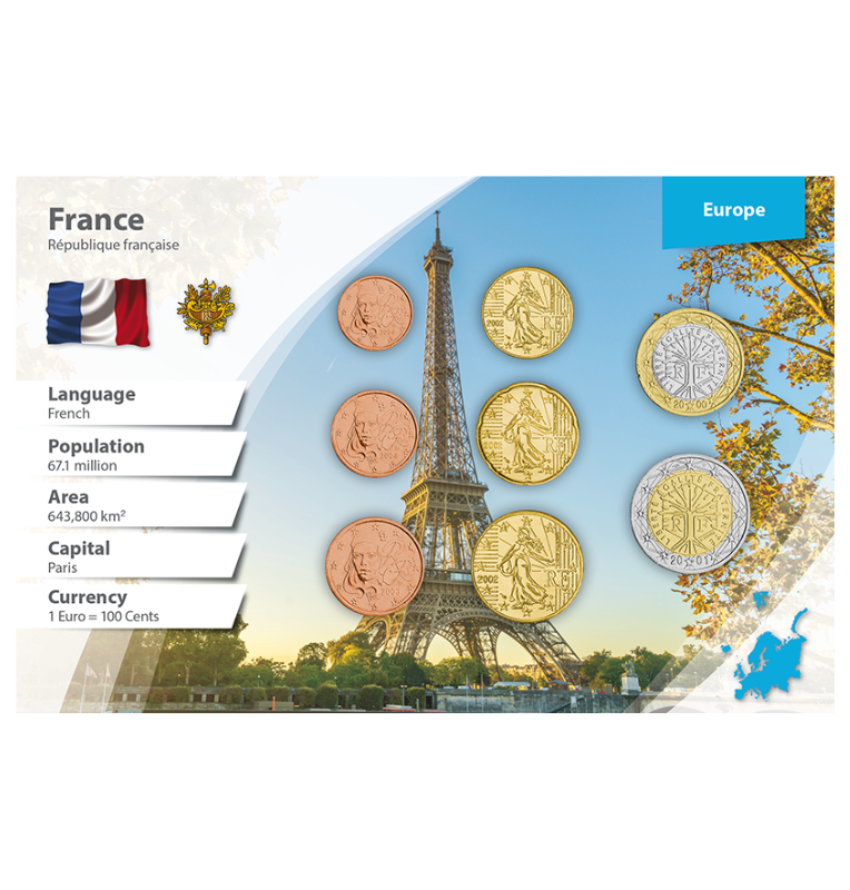 Francia 1, 2, 5, 10, 20, 50 Centavos, 1, 2 Euros 1999-2016 KM 1282, 1283, 1284, 1285, 1286, 1287, 1288, 1289