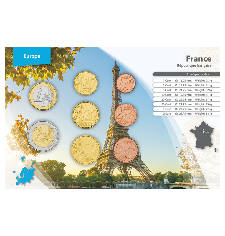 Francia 1, 2, 5, 10, 20, 50 Centavos, 1, 2 Euros 1999-2016 KM 1282, 1283, 1284, 1285, 1286, 1287, 1288, 1289
