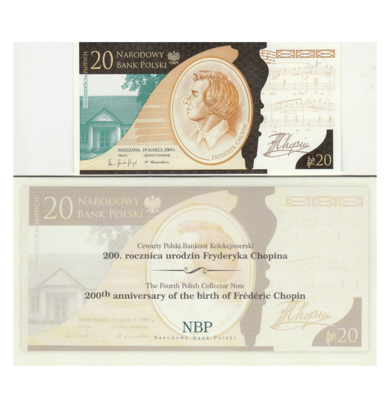 Polonia 20 Zlotych 2009 (Conmemorativo 200 aniversario del nacimiento de Frédéric Chopin)