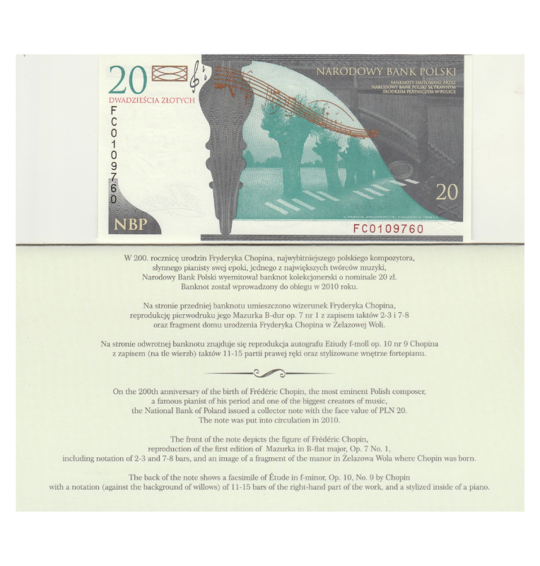 Polonia 20 Zlotych 2009 (Conmemorativo 200 aniversario del nacimiento de Frédéric Chopin)