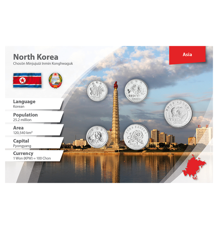 Corea del Norte 1, 5, 10, 50 Chon, 1 Won 2002-2008 KM 1170, 1171, 1172, 1173, 1174