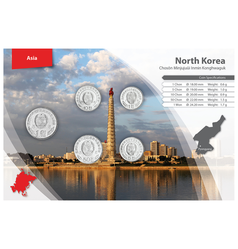 Corea del Norte 1, 5, 10, 50 Chon, 1 Won 2002-2008 KM 1170, 1171, 1172, 1173, 1174