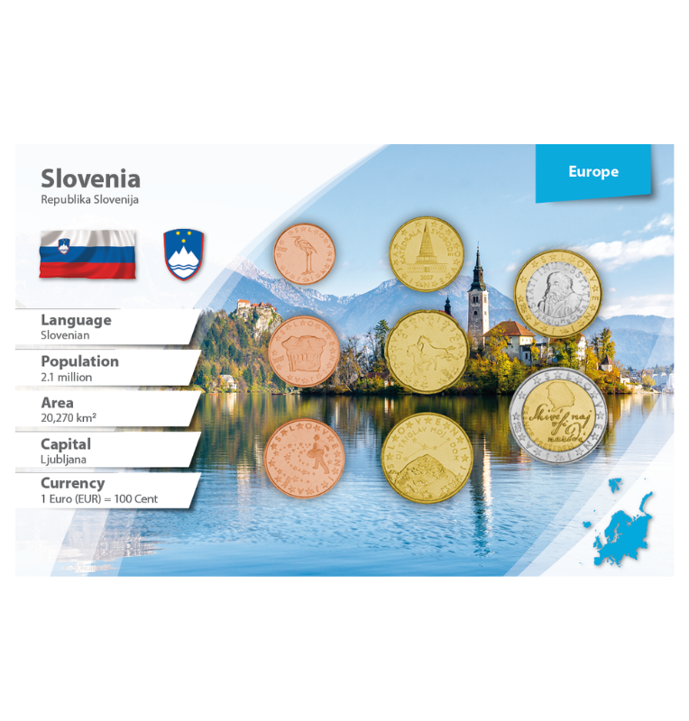 Eslovenia 1, 2, 5, 10, 20, 50 Centavos, 1, 2 Euros 2007-2018 KM 68, 69, 70, 71, 72, 73, 74, 75
