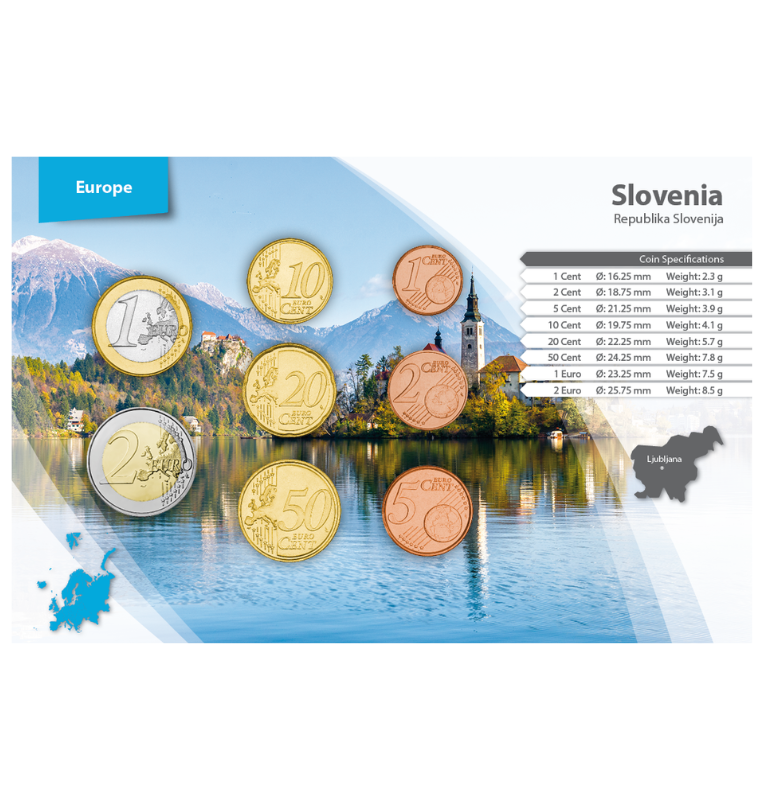 Eslovenia 1, 2, 5, 10, 20, 50 Centavos, 1, 2 Euros 2007-2018 KM 68, 69, 70, 71, 72, 73, 74, 75