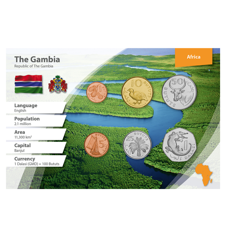 Gambia 1, 5, 10, 25, 50 Bututs, 1 Dalasi 1998-2014 KM 54, 55, 56, 57, 58, 59