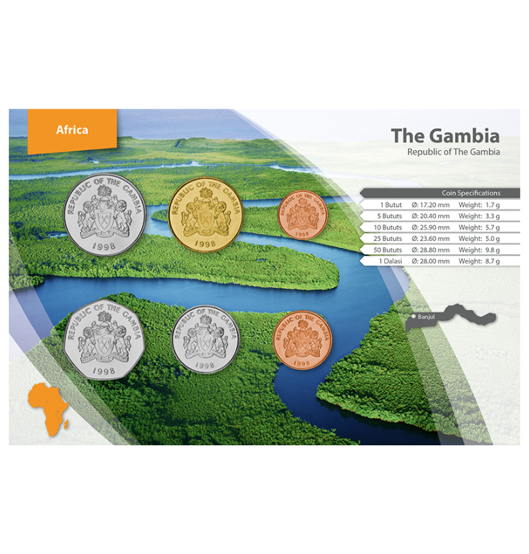 Gambia 1, 5, 10, 25, 50 Bututs, 1 Dalasi 1998-2014 KM 54, 55, 56, 57, 58, 59