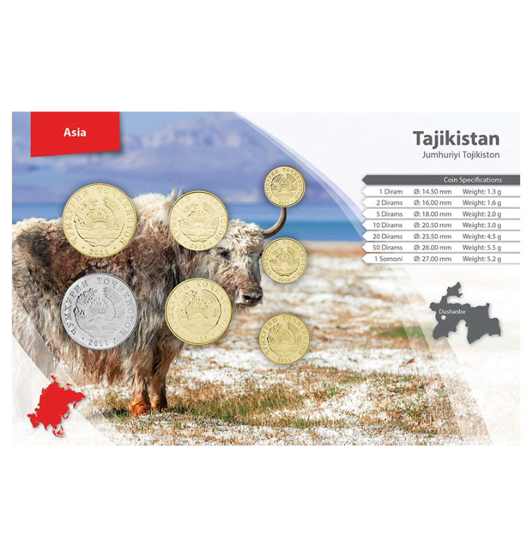 Tayikistán 1, 2, 5, 10, 20, 25, 50 Diram, 1 Somoni 2011 KM 35, 36, 23, 24, 25, 26, 27