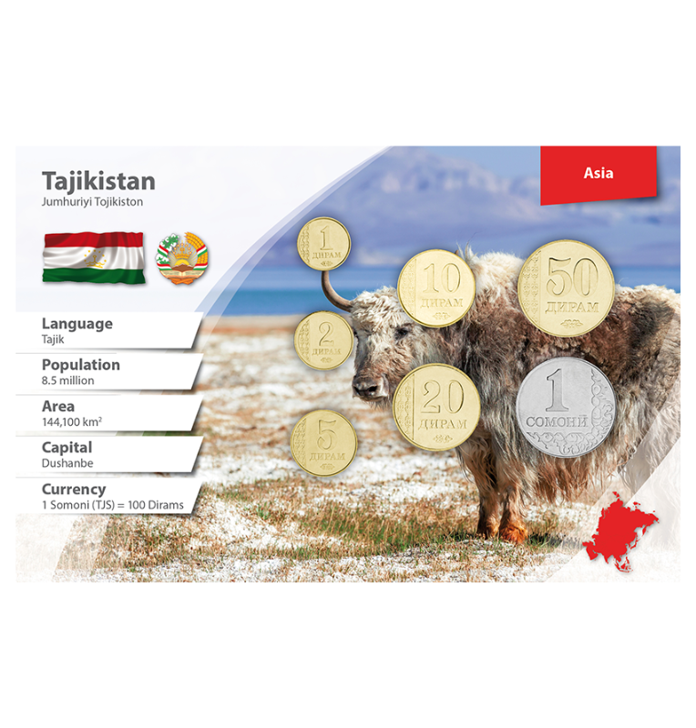 Tayikistán 1, 2, 5, 10, 20, 25, 50 Diram, 1 Somoni 2011 KM 35, 36, 23, 24, 25, 26, 27