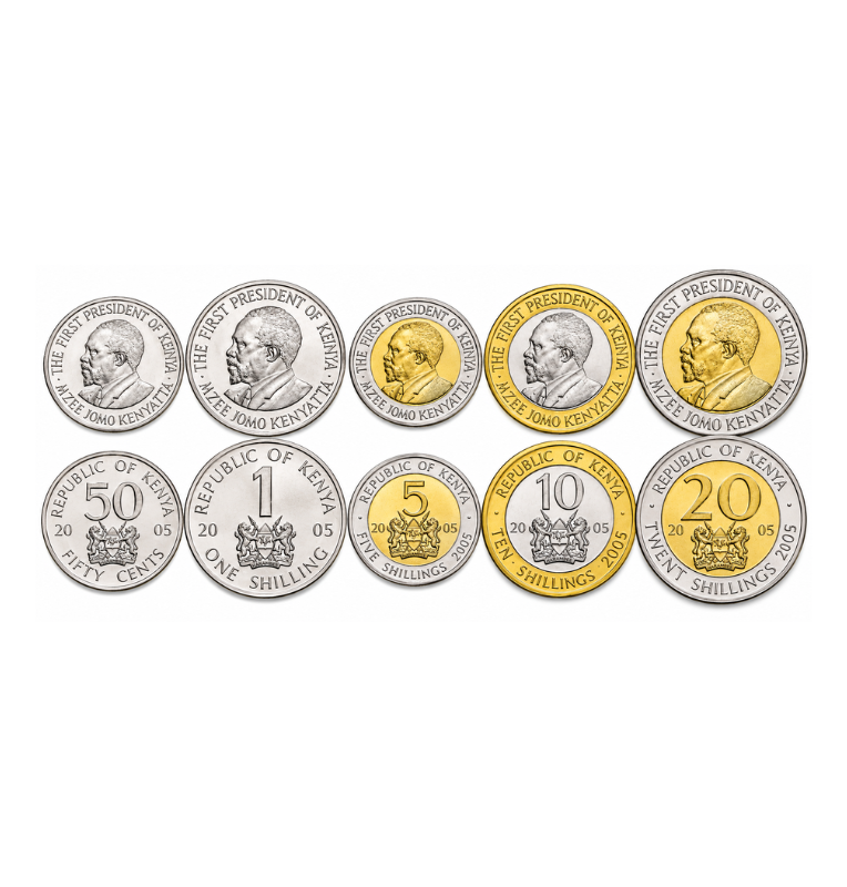 Kenya Set 5 Coins 50 Cents 1,5,10,20 Shillings 2005-2009 NO UNC