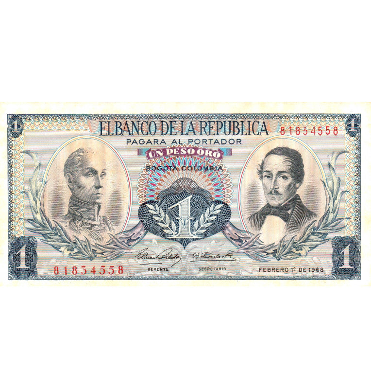 Colombia 1 Peso Oro 01-02-1968 Pick 404d (No UNC)