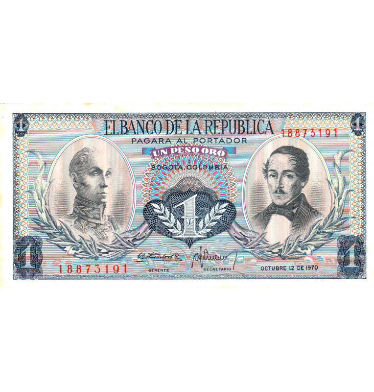 Colombia 1 Peso Oro 12-10-1970 Pick 404d (No UNC)