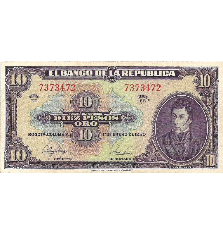 Colombia 10 Pesos Oro 1950. NO UNC