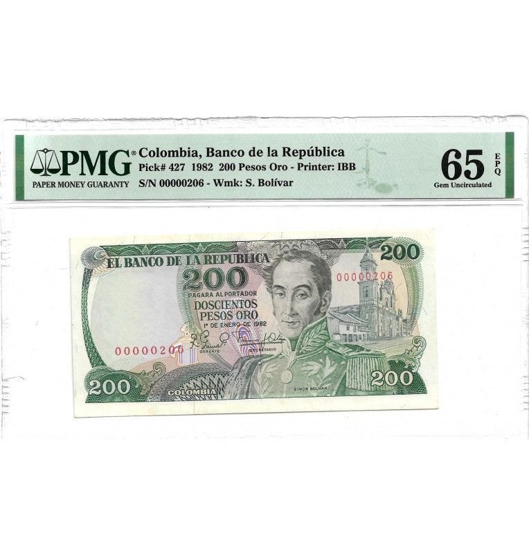 Colombia 200 Pesos Gold 1982 Pick 427 (Certified rating 65) (Low number 206)