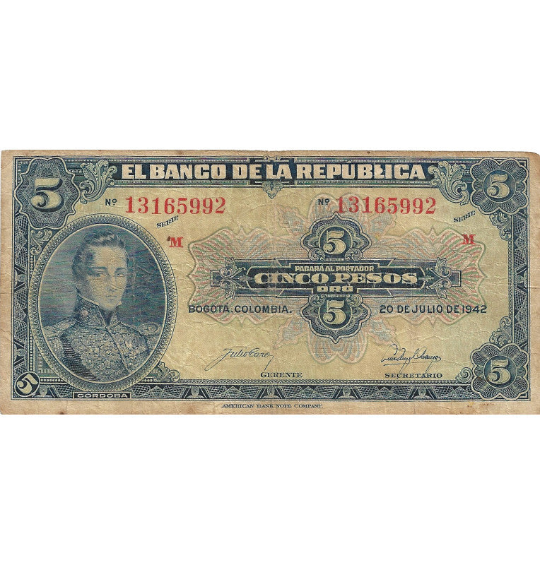 Colombia 5 Pesos Oro 1942. NO UNC